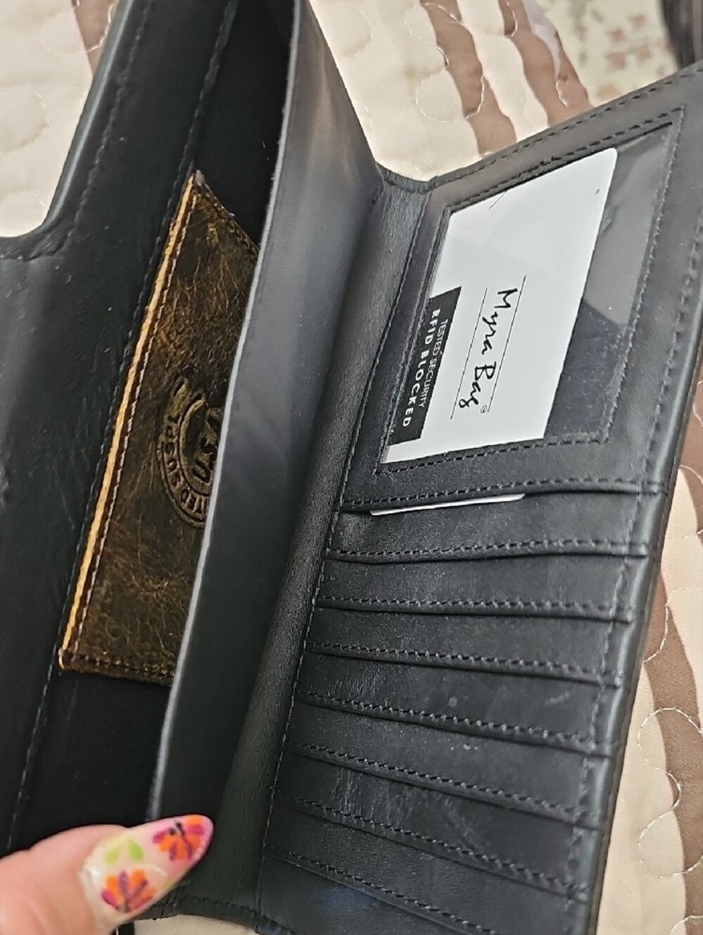 Myra Bag Hand-Tooled Floral Phone Wallet in Black, Turquoise & Yellow - Picture 6 of 7